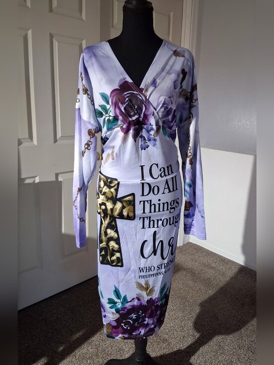Dresses & Skirts - New-Floral Scripture Lavender Wrap-Style Midi Stretch Dress